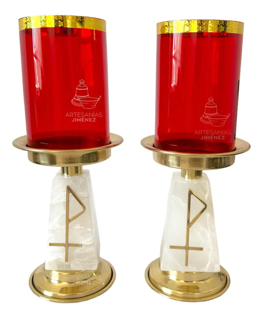 Candeleros de altar con vaso rojo y piedra piramidal, ónix y latón dorado, hecho a mano en México