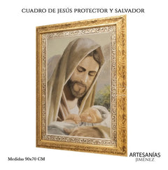 Cuadro Jesús Protector Y Salvador 90x70 Cm T323 Combinado Oro Y Plata Oro Y Plata