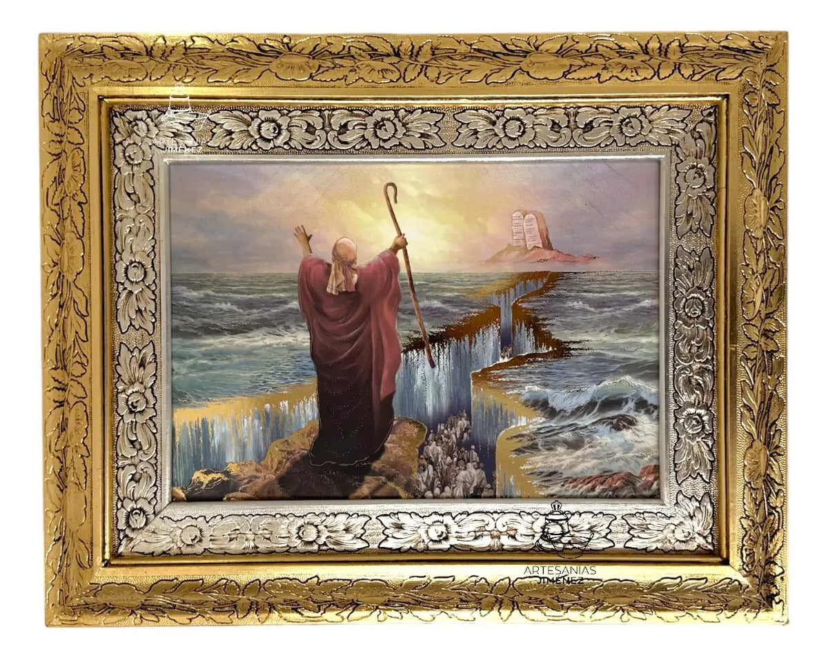 Cuadro del milagro de Moisés cruzando el mar Rojo, 60x47 cm, acabado oro y plata