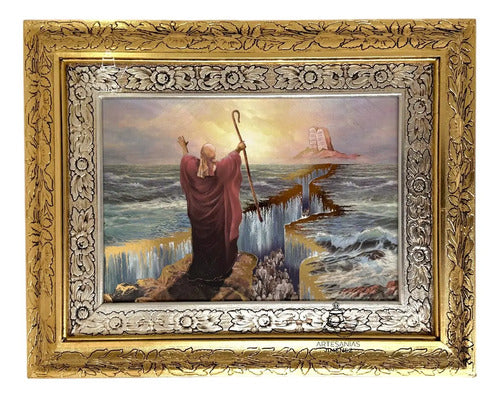 Cuadro El Milagro De Moises Cruzando El Mar Rojo 60x47 Cm Combinado Oro Y Plata Oro Y Plata