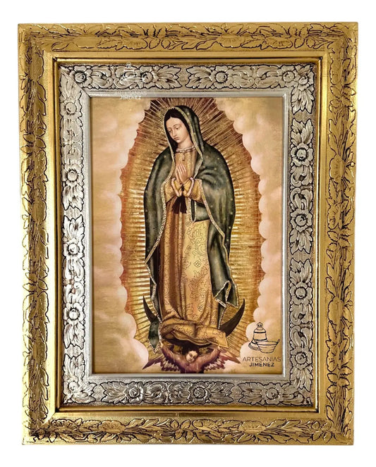 Cuadro de la Virgen de Guadalupe de 60x47 cm, acabado combinado oro y plata, hecho a mano en México