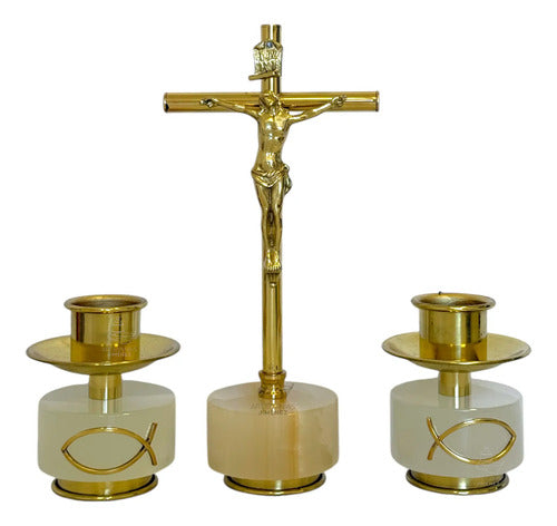 Candeleros De Mesa Y Cruz Para Altar Portavela De Onix Dorado