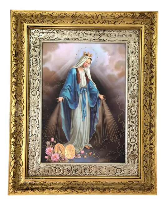 Cuadro de Nuestra Señora de la Medalla Milagrosa, 60x47 cm, acabado oro y plata
