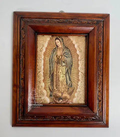 Cuadro Virgen De Guadalupe Y Rosas Doradas Con Marco Nogal