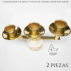 Altar Candelabra Pair, 3-Light, Gold, Round Onyx