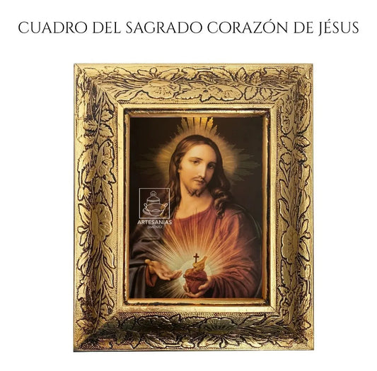 Cuadro del Sagrado Corazón de Jesús, 31x26 cm, acabado combinado oro y plata