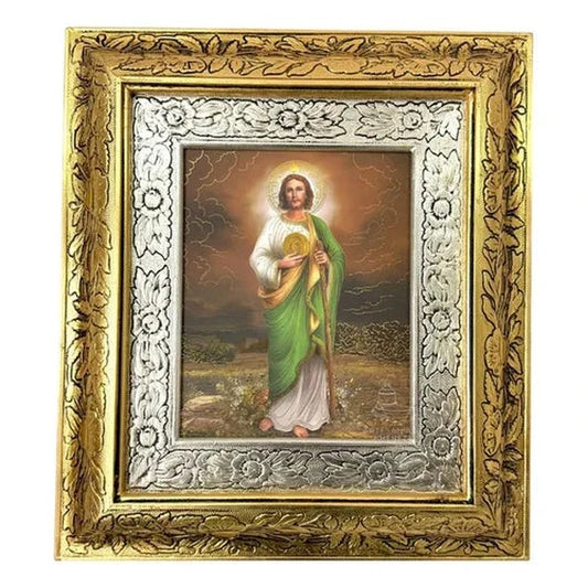 Cuadro de San Judas Tadeo de 45x40 cm, acabado combinado oro y plata, hecho en México