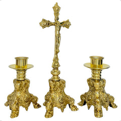 Candeleros Y Cruz De Mesa Barroco Pie De Leon Portavela Bronce