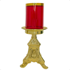 Candeleros Y Cruz De Mesa Barroco Religiosos Con Vasos Rojos Bronce