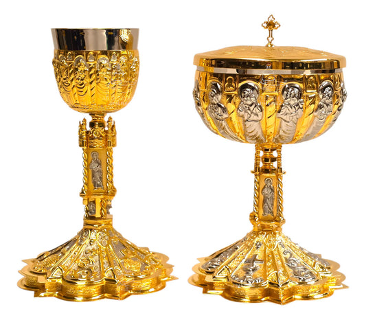 Cáliz y copón para ordenación sacerdotal con patena, de latón con copa de alpaca y baño de oro, hecho a mano en México