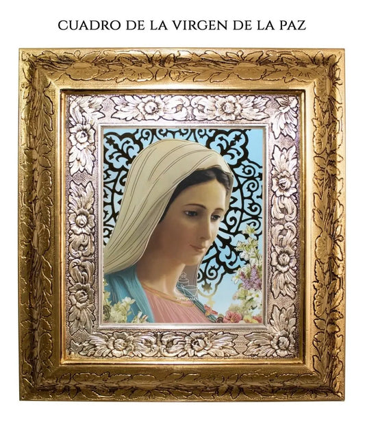 Cuadro de la Virgen de la Paz, 45x40 cm, acabado combinado oro y plata, hecho en México