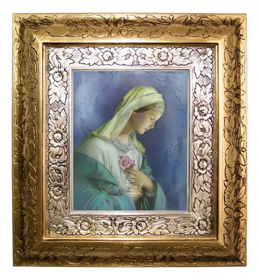 Cuadro de la Rosa Mística, 45x40 cm, acabado combinado oro y plata, hecho en México