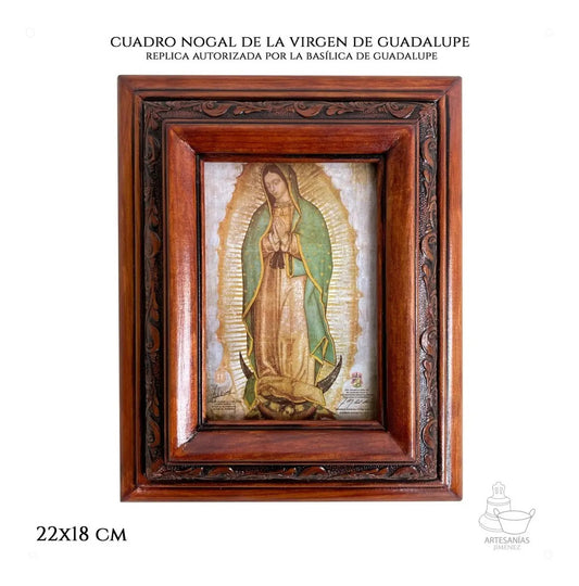Cuadro de la Virgen de Guadalupe, réplica autorizada, 22x18 cm en nogal, hecho a mano en México