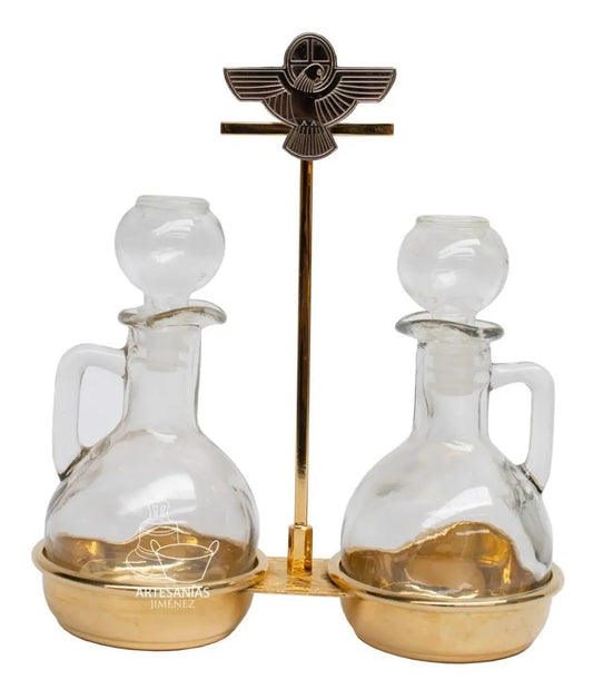 Juego de vinajeras de cristal modelo A950 de 150 ml, base de latón con baño de oro, hecho a mano en México