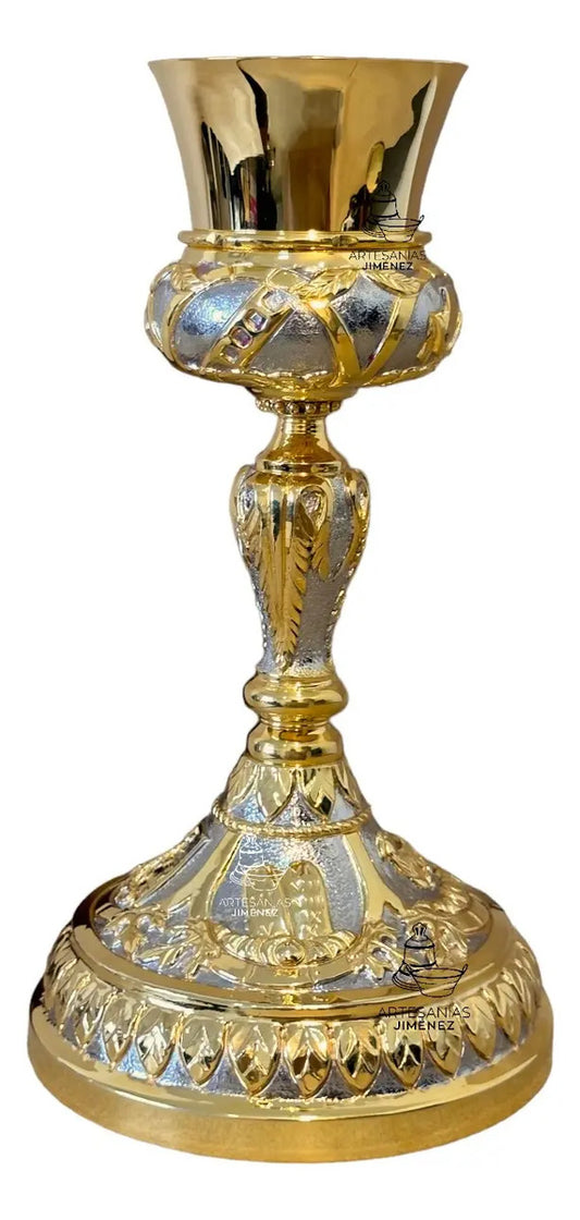Cáliz y patena ideal para ordenación sacerdotal, de alpaca con baño de oro, hecho a mano en México