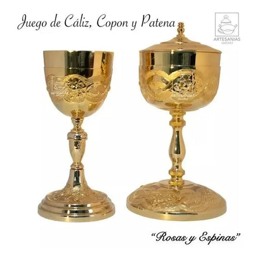Cáliz copón y patena para iglesia o capilla, de latón con baño de oro, hecho a mano en México