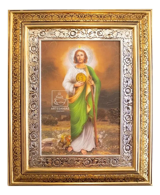 Cuadro de San Judas Tadeo, 60x47 cm, acabado combinado oro y plata, hecho en México