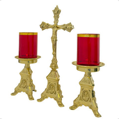 Candeleros Y Cruz De Mesa Barroco Religiosos Con Vasos Rojos Bronce