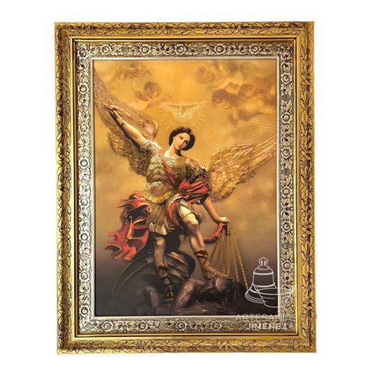 Cuadro de San Miguel Arcángel de 90x70 cm, acabado combinado oro y plata, hecho a mano en México