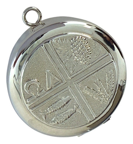 Relicario Hostiario 5 Cm Plateado Pixide Relieve Simbolos Liturgicos