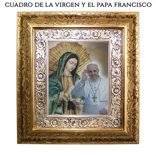 Cuadro del papa Francisco y la Virgen de Guadalupe, 45x40 cm, acabado oro y plata