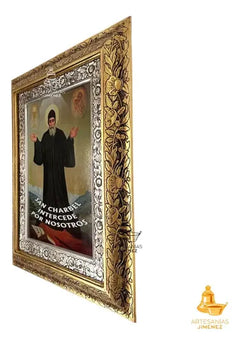 Cuadro San Charbel 60x47 Cm Con Frase Combinado Oro Y Plata Oro Y Plata