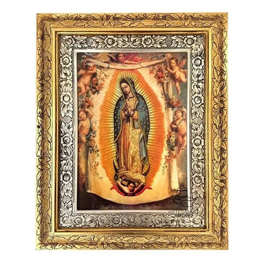 Cuadro de la Virgen de Guadalupe con ángeles, 60x47 cm, acabado combinado oro y plata