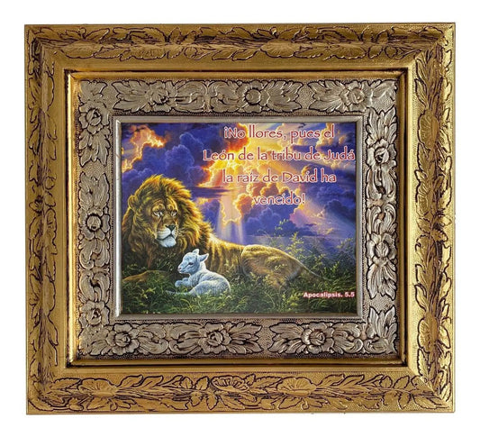 Cuadro con la cita de Apocalipsis 5:5, 45x40 cm, acabado combinado oro y plata