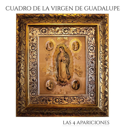 Cuadro de la Virgen de Guadalupe con las cuatro apariciones, 45x40 cm, acabado oro y plata