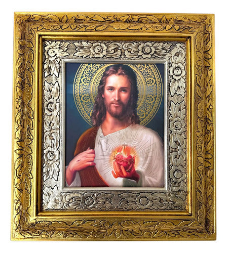 Cuadro Sagrado Corazon De Jesus 45x40 Cm V2 Combinado Oro Y Plata / Oro Y Plata V3 Dorado Con Plateado
