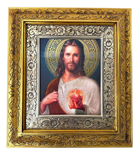 Cuadro del Sagrado Corazón de Jesús de 45x40 cm, acabado dorado con plateado