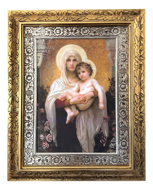Cuadro de la Virgen de las Rosas de 60x47 cm, acabado combinado oro y plata, hecho a mano en México