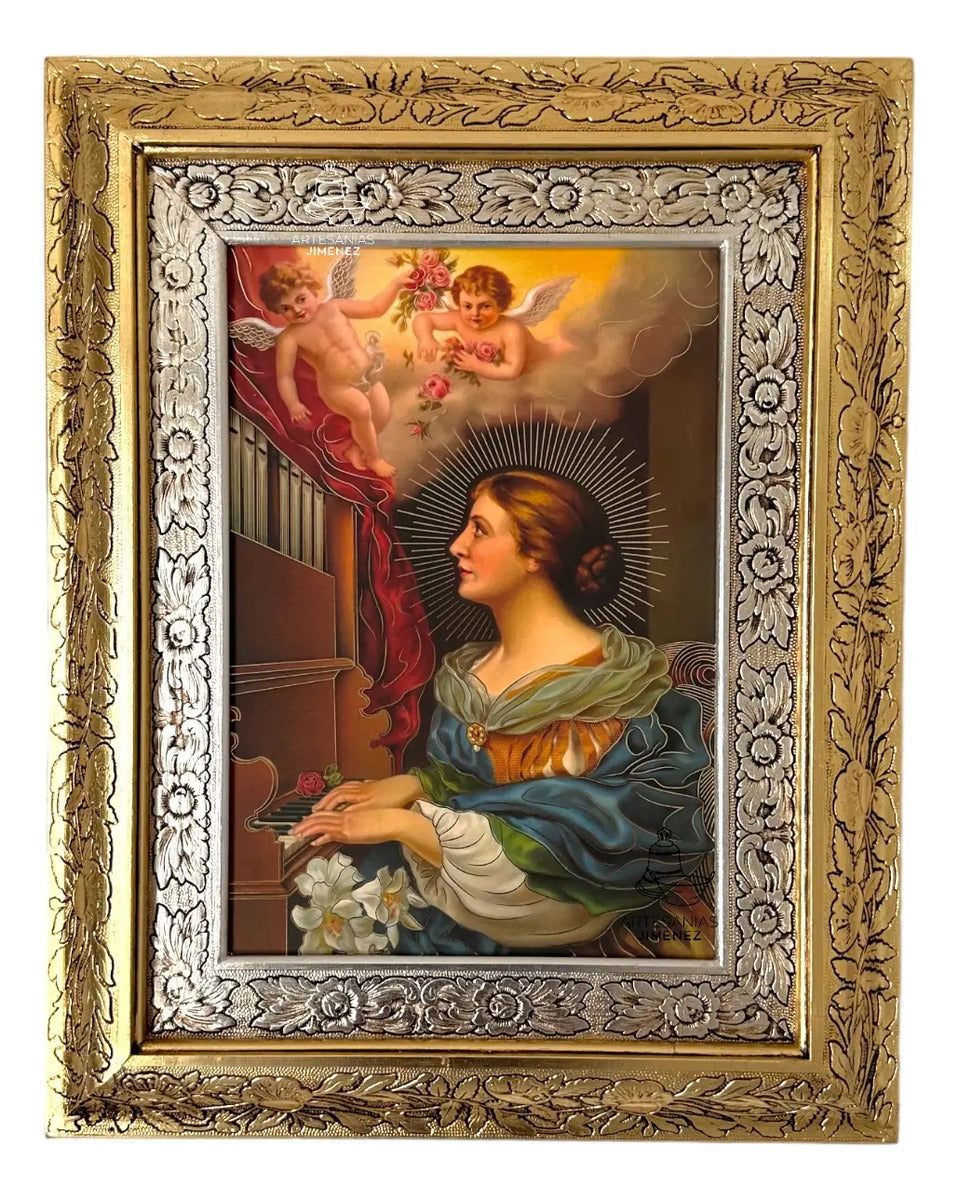 Cuadro de Santa Cecilia de 60x47 cm, acabado combinado oro y plata, hecho a mano en México