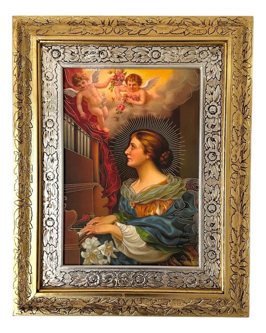 Cuadro de Santa Cecilia de 60x47 cm, acabado combinado oro y plata, hecho a mano en México