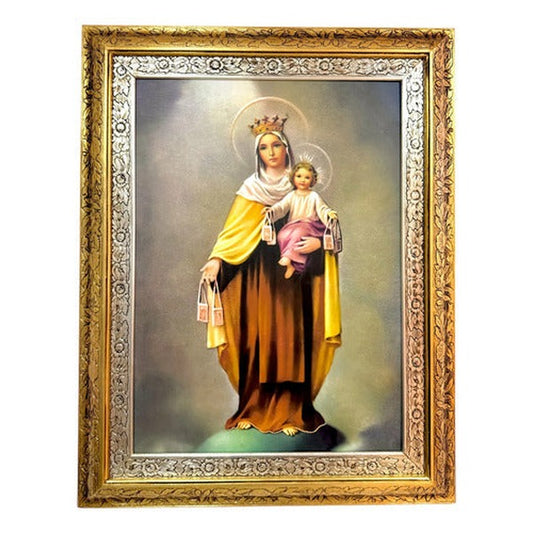 Cuadro de la Virgen del Carmen de 90x70 cm, acabado combinado oro y plata, hecho a mano en México