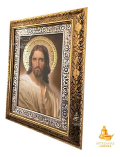 Cuadro Rostro De Jesus Resplandenciente 60x47 Cm Combinado Oro Y Plata Oro Y Plata
