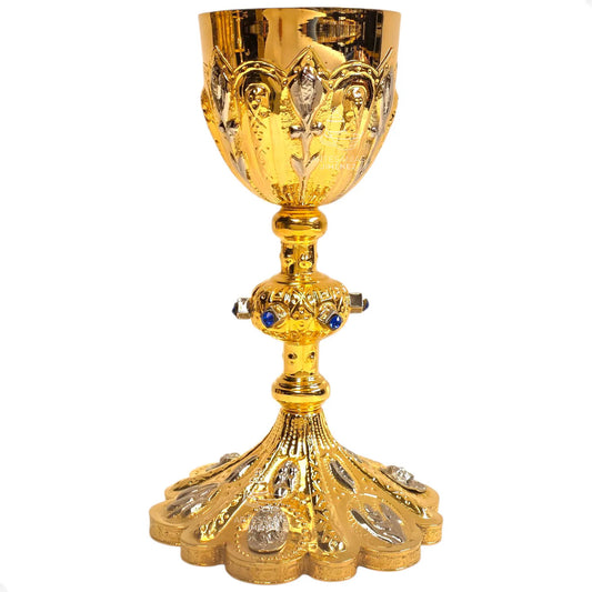 Cáliz y patena ordenación sacerdotal 28 cm, de latón con baño de oro, hecho a mano en México