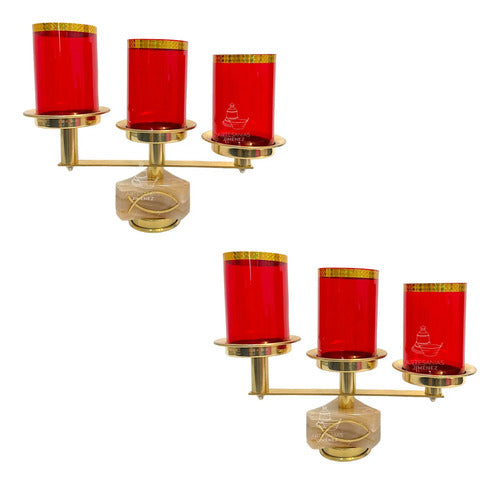 Candeleros De Tres Luces (2 Piezas) Estrella Con Pantallas Rojo