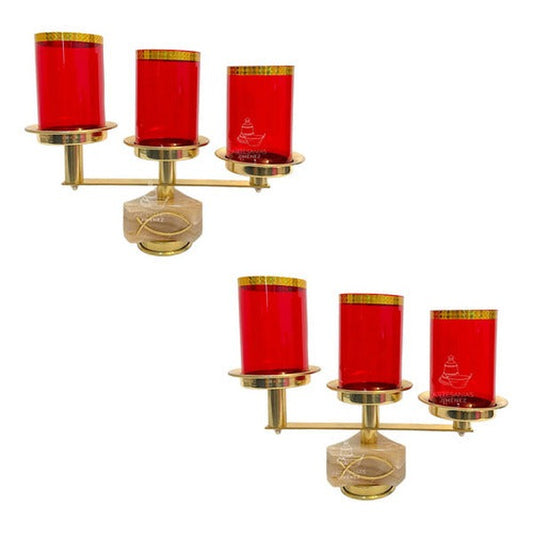 Par de candeleros de tres luces modelo estrella con pantallas rojas, hechos a mano en México