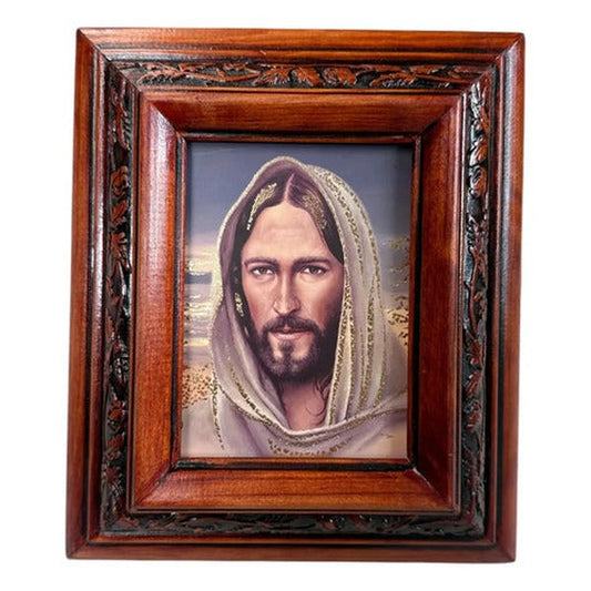 Cuadro del rostro de Jesús de 22x19 cm en madera de pino, acabado nogal, hecho a mano en México