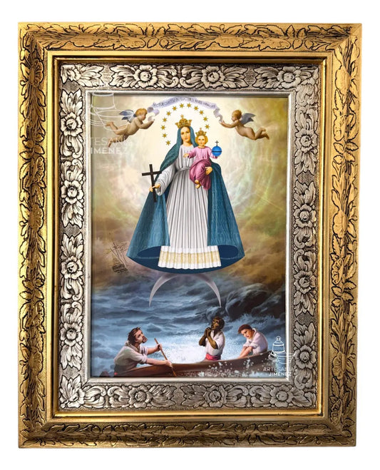 Cuadro de la Virgen de la Caridad del Cobre, 60x47 cm, acabado combinado oro y plata