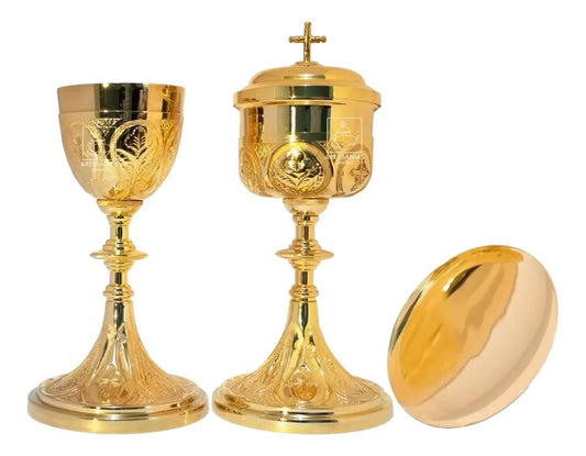 Cáliz copón y patena para iglesia o capilla tradicional, de latón con baño de oro, hecho a mano en México