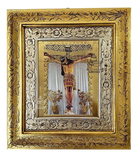 Cuadro del Señor de Chalma, 45x40 cm, acabado combinado oro y plata