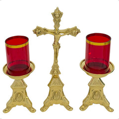 Candeleros Y Cruz De Mesa Barroco Religiosos Con Vasos Rojos Bronce