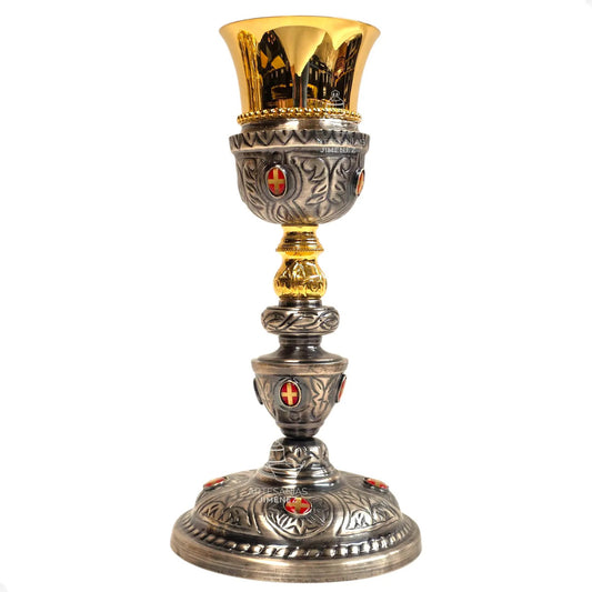 Cáliz o vaso sagrado para iglesia cruz pavonado, de latón con copa de alpaca y baño de oro, hecho a mano en México