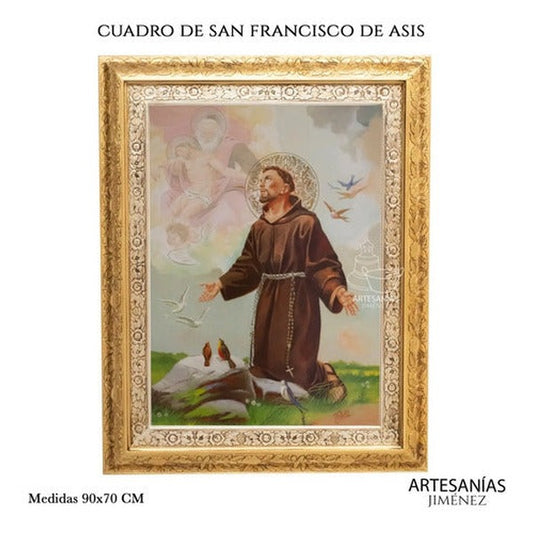 Cuadro de San Francisco de Asís de 90x70 cm, acabado combinado oro y plata, hecho a mano en México