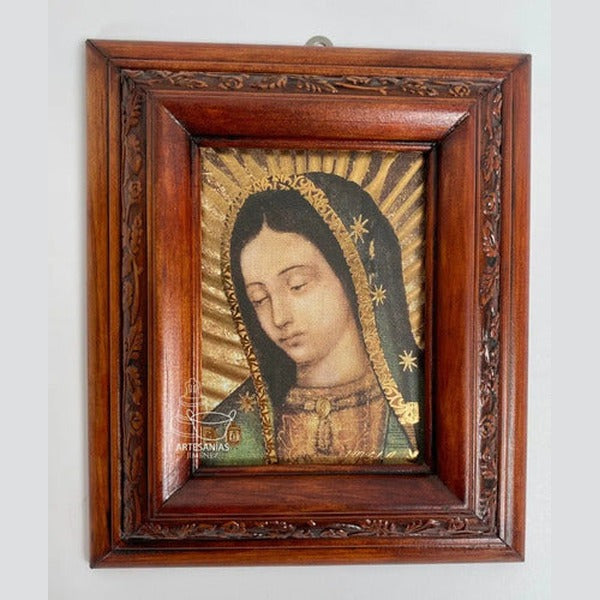 Lote de 10 cuadros del rostro de la Virgen de Guadalupe, acabado nogal, hechos a mano en México
