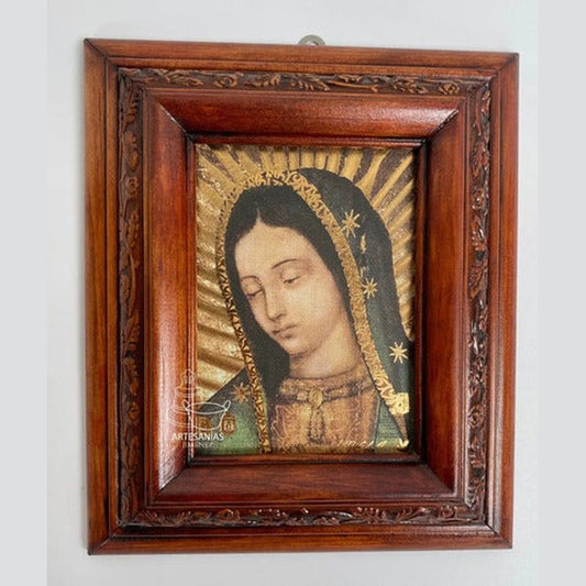 Lote de 10 cuadros del rostro de la Virgen de Guadalupe, acabado nogal, hechos a mano en México