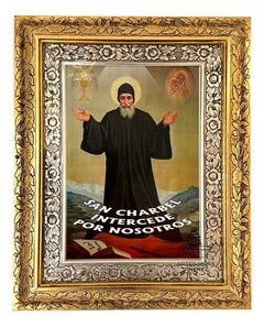 Cuadro San Charbel 60x47 Cm Con Frase Combinado Oro Y Plata Oro Y Plata