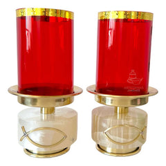 Candeleros De Mesa Para Altar Con Vaso Rojo Piedra Redonda Dorado